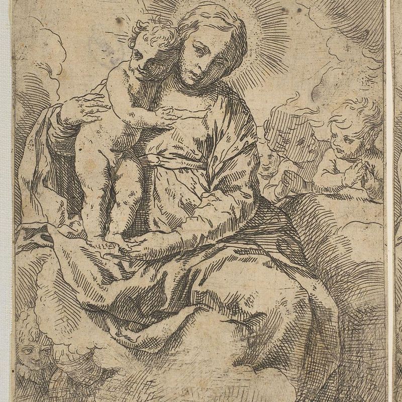Madonna and Child seated on clouds and surrounded by angels, copy in reverse after Cantarini