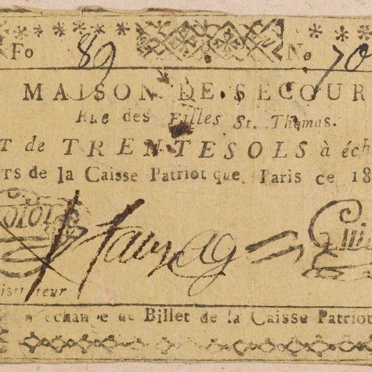 Billet de 30 sols, maison de secours rue des filles Saint-Thomas, F° 89, n° 708, AG, 18 7bre 1791