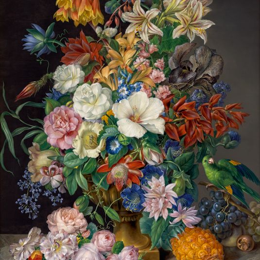 Flowers with a Pineapple, Grapes and a Parrot