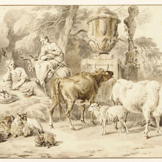 Troupeau près d'un grand vase décoratif et d'un terme de Pan (Lugt 10)