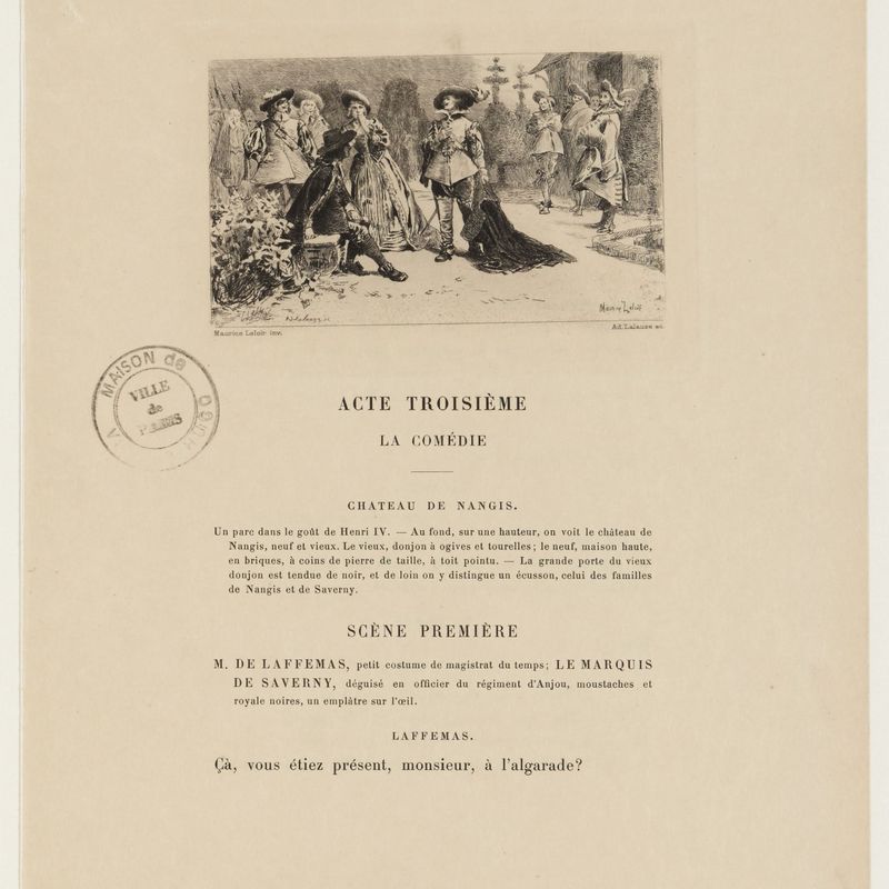 Marion de Lorme, acte III, scène X : Marion, Didier, Saverny, Laffemas, Scaramouche, Taillebras et Gracieux