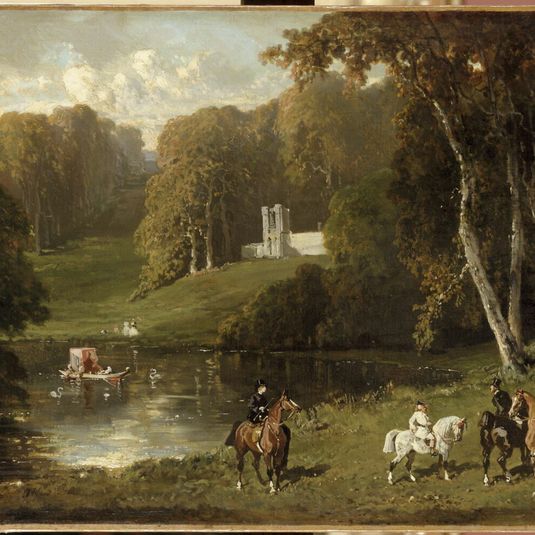 Riders and Amazons at the edge of a lake