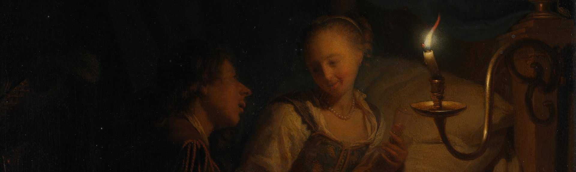 A Candlelight Scene: A Man offering a Gold Chain and Coins to a Girl seated on a Bed