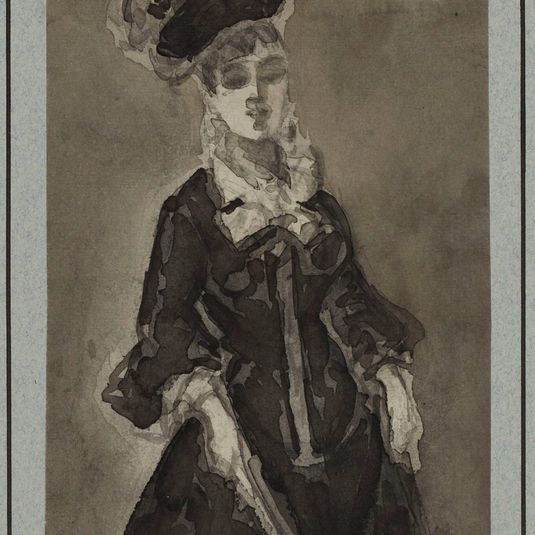 Étude de femme à mi-corps, en robe de ville
