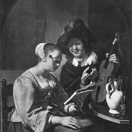 Woman with sheet music and a man with a violin