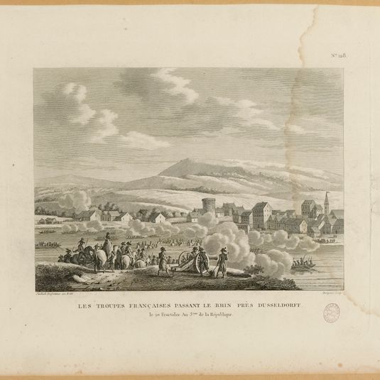 N°128 / Les troupes françaises passant le rhin près de Dusseldorff. / le 20 Fructidor An 3ème de la République.