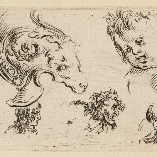 Recueil de divers griffonnements et preuves d'eau forte, Casque antique, deux bustes d'enfants et diverses études. Treizième numéro d'une suite de 22 pièces. A. de Vesme 402 ; Dutuit 121
