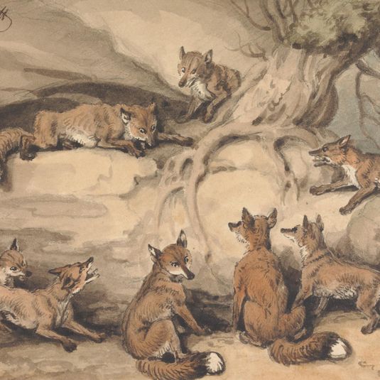 Nine Foxes Gathered Around a Tree: an Illustration of Aesop's Fable, "The Fox who Lost His Tail"