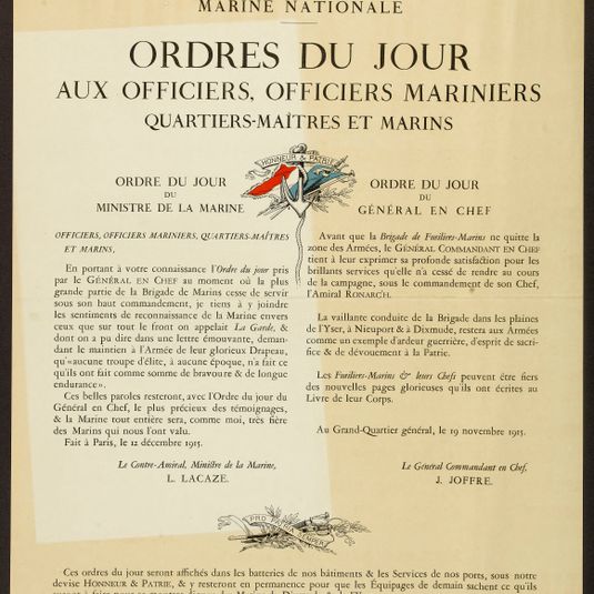 REPUBLIQUE FRANCAISE/ LIBERTE - EGALITE - FRATERNITE/ MARINE NATIONALE/ ORDRES DU JOUR/ AUX OFFICIERS, OFFICIERS MARINIERS/ QUARTIERS-MAITRES ET MARINS