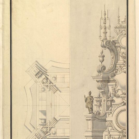 Half Ground Plan and Half Elevation of a Catafalque, surmounted by a royal Crown