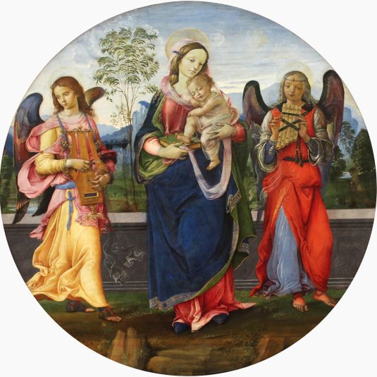 Madonna and Child with two angels playing music