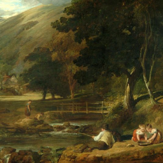 Audio description of Borrowdale, Cumberland, with Children Playing by the Banks of a Brook by William Collins