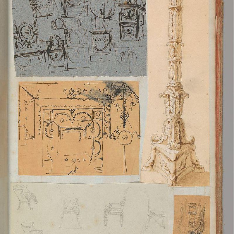 Page from a Scrapbook containing Drawings and Several Prints of Architecture, Interiors, Furniture and Other Objects