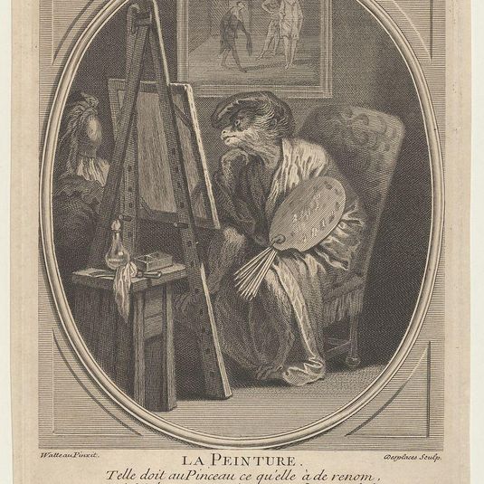 Painting (La Peinture): a monkey seated at an easel, dressed in a robe and beret and holding a painter's palette, a framed painting hanging on the wall beyond