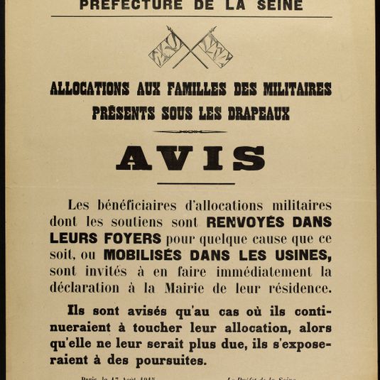 REPUBLIQUE FRANCAISE/ Liberté - Egalité - Fraternité/ PREFECTURE DE LA SEINE/ ALLOCATIONS AUX FAMILLES DES MILITAIRES/ PRESENTS SOUS LES DRAPEAUX