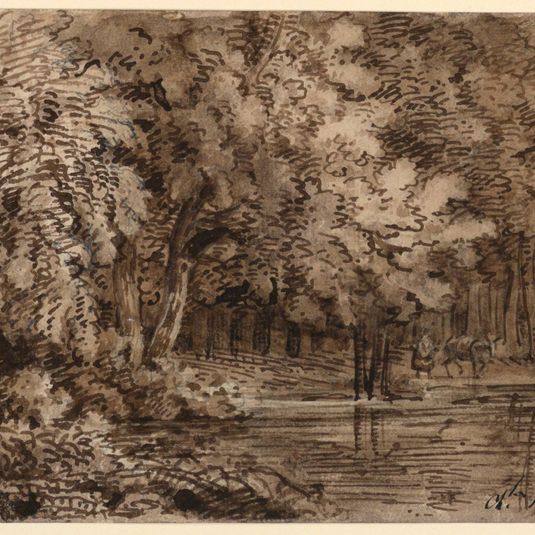 Woodland Scene with Animals Drinking