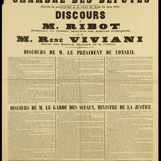 REPUBLIQUE FRANCAISE/ LIBERTE - EGALITE - FRATERNITE/ CHAMBRE DES DEPUTES/ Extrait du procès-verbal de la séance du Jeudi 14 Juin 1917./ DISCOURS/ DE M. RIBOT/ Président du Conseil, Ministre des Affaires étrangères/ ET/ M. RENE VIVIANI/ Garde des...