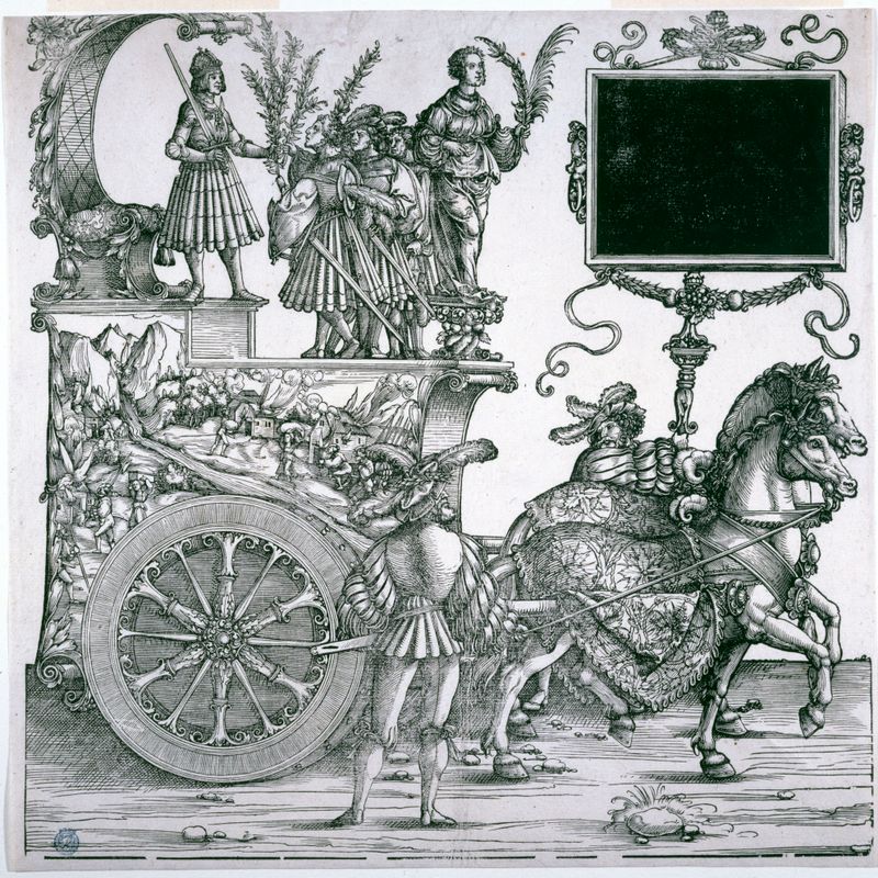 Le Cortège Triomphal de l'Empereur Maximilien Ier : Char avec incendie d'un hameau (Dornik-Eger 36, Bartsch 81)
