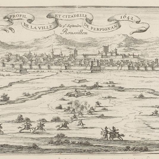 Profil de la ville et citadelle de Perpignan en 1642 (A. de Vesme LVII - Troisième section, pièces douteuses et pièces dont la gravure ou le dessin est attribué à tort à Della Bella, Dutuit manuscrit, école italienne, page 99, n° 238)