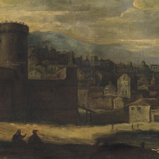 Spanish Paisaje con un puerto fortificado