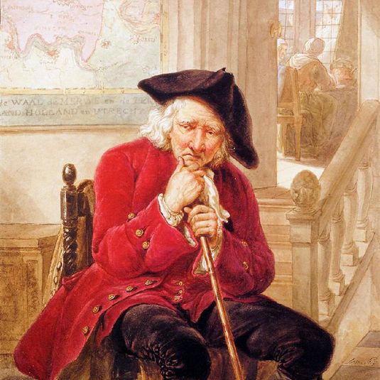 Sitting old man waiting in hall