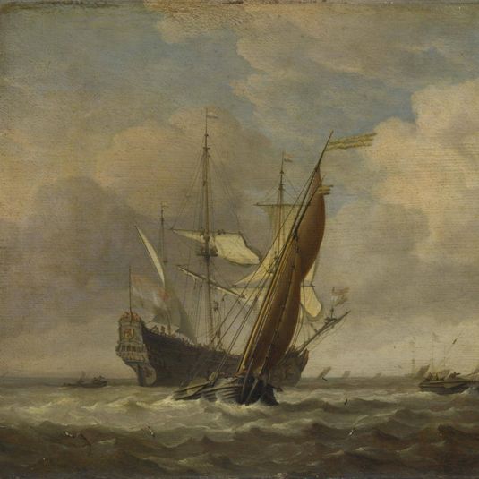 Two Small Vessels and a Dutch Man-of-War in a Breeze