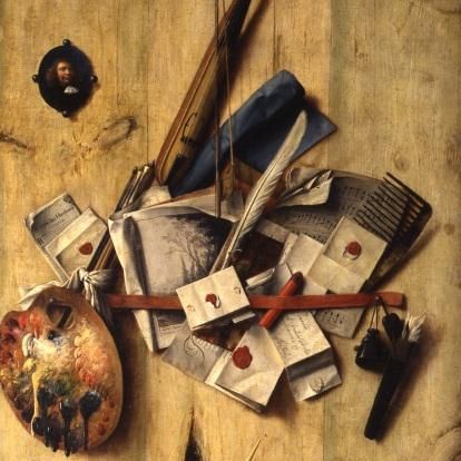 Trompe l'oeil with violin, painter's implements and self-portrait