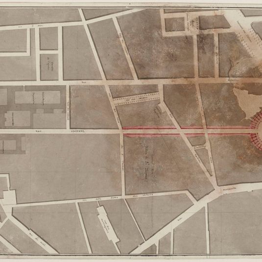Plan du quartier de la rue Vivienne avec projet de prolongement de cette rue et emplacement des nouvelles fontaines.