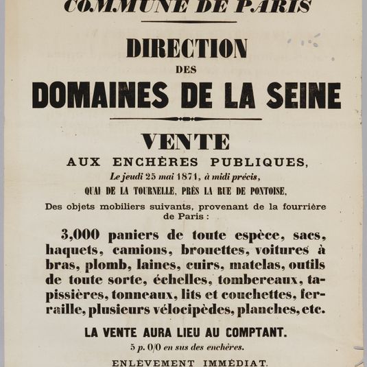 REPUBLIQUE FRANCAISE/ N° 377 LIBERTE - EGALITE - FRATERNITE/ N° 377/ COMMUNE DE PARIS/ DIRECTION/ DES/ DOMAINES DE LA SEINE/ VENTE/ AUX ENCHERES PUBLIQUES