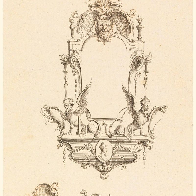 Design for Cartouche with Cupid, a Horse and Spears from "Cartouches Nouvellement Inventez"