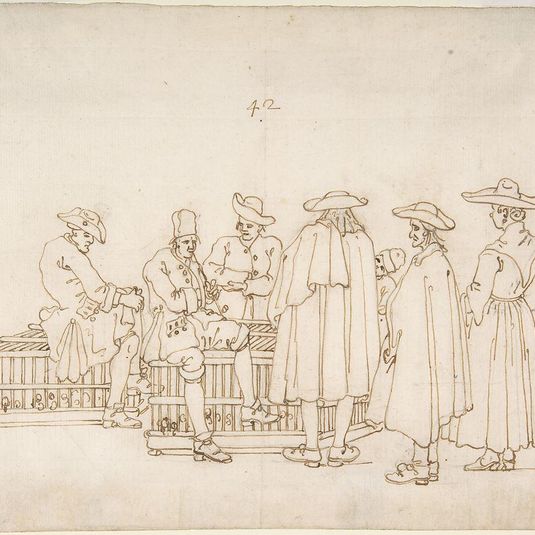 A Group of Figures Surrounding Two Bird-coops