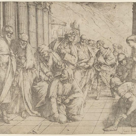 Christ kneels and writes on the pavement at center and a woman taken in adultery by three soldiers at right