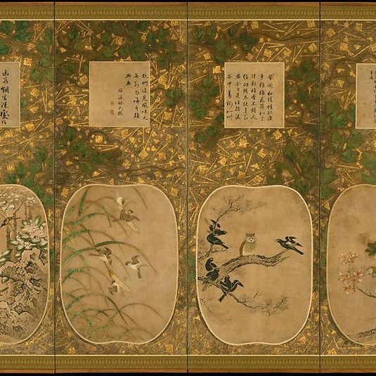 十二ヶ月花鳥図書画挿絵貼屏風