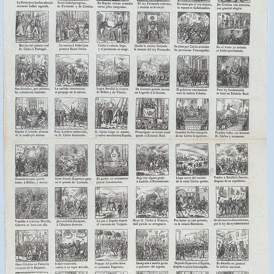 Broadside with 48 scenes relating to the reign of Queen Isabel II