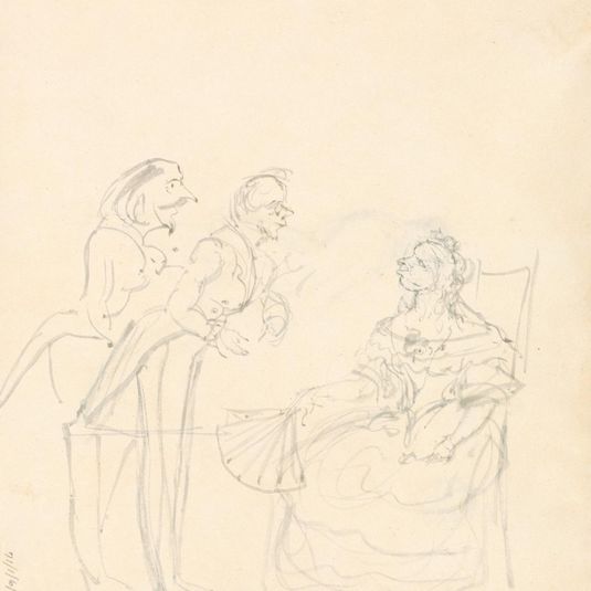 Two Gentlemen Talking to a Seated Lady