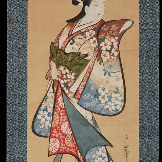 Standing prostitute wearing a kimono with plum-blossom motif