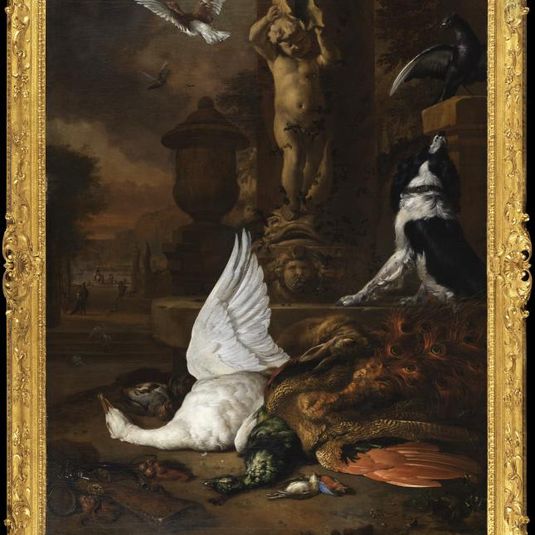 Still life with dead swan, a peacock and a dog by a garden fountain