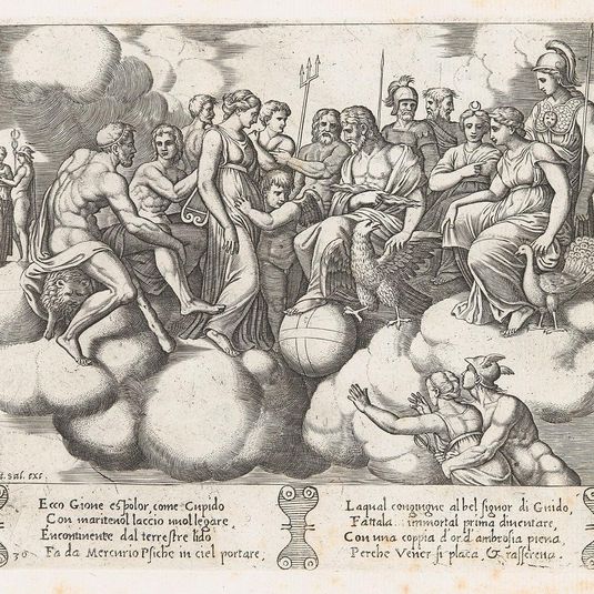 Plate 30: Venus and Cupid pleading their case before Jupiter and other Gods with Mercury transporting Psyche to the heavens at lower right, from the Story of Cupid and Psyche as told by Apuleius