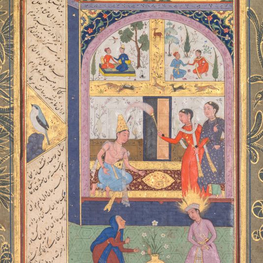 Zulaykha in her palace and as an elderly woman with Joseph (recto), from a Panj Ganj (Five Treasures) of Abd al- Rahman Jami (Persian, 1414–1492)