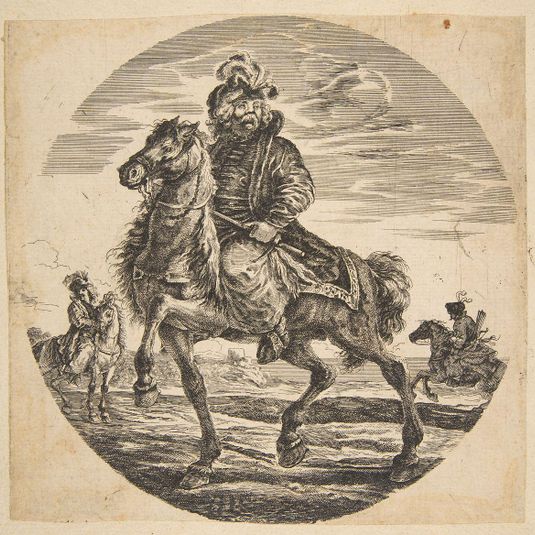 Hungarian horseman riding towards the left, other horsemen in the background, a circular composition from 'Figures on Horseback' (Cavaliers nègres, polonais et hongrois)