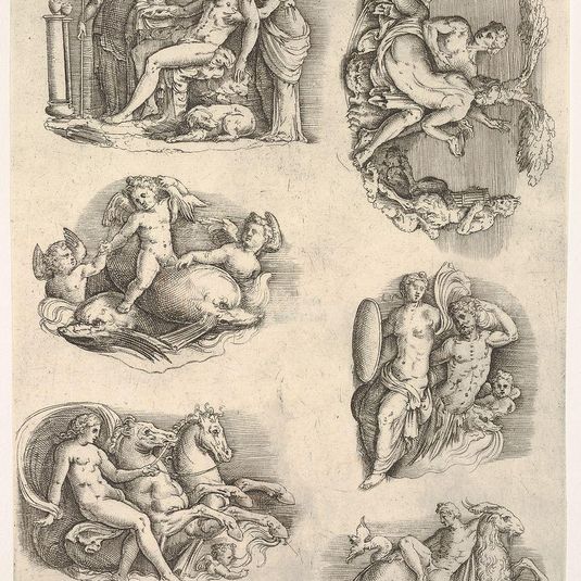 Six subjects after antique cameos: female figures tending to a seated male figure; putti and dolphins; female figure holding the reins of a pair of rearing horses; intertwined naked figures flanked by music-playing satyrs; triton with shield-bearing female figure; naked male figure seated on goat-headed sea creature