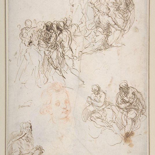 Figure Studies: The Arrest of Christ?, Christ and the Canaanite Woman, Seated Male Figures, and Head of a Child (recto); Studies of an Arm, and of the Heads of an Old Man and Young Woman (verso)
