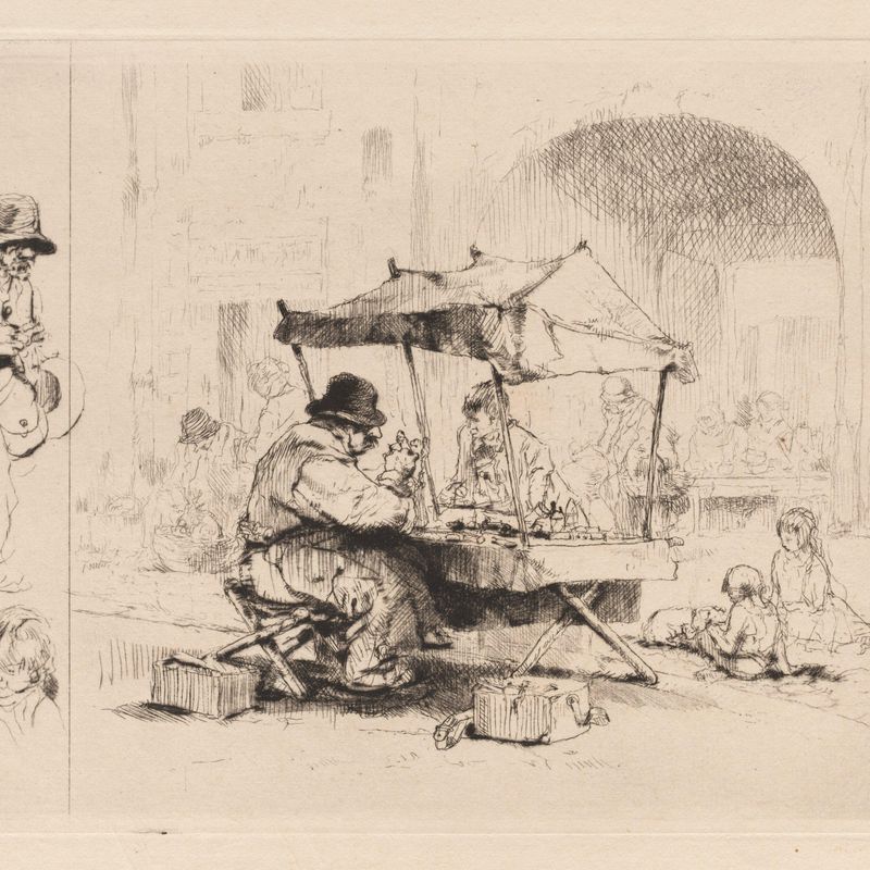 [Merchant in his stall with children playing]