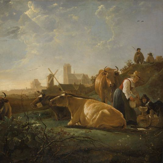 A Distant View of Dordrecht, with a Milkmaid and Four Cows, and Other Figures ('The Large Dort')