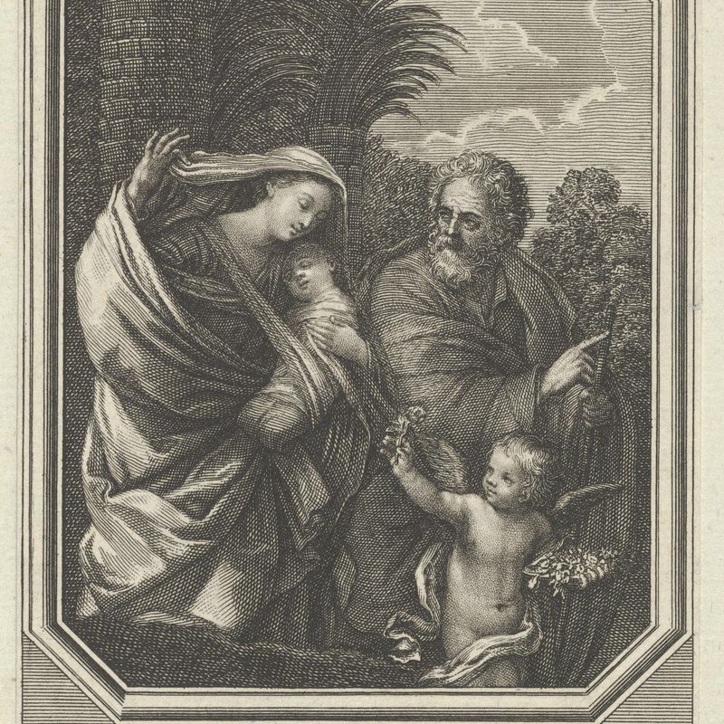 The Flight into Egypt; the holy family walking with the young John the Baptist, trees behind them, in an octagonal frame, after Reni