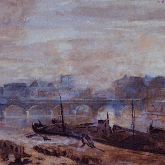 Vue de la Seine depuis le pont des Saint-Pères, actuel pont du Carrousel 1er arrondissement, en direction de l'actuel 6ème arrondissement.