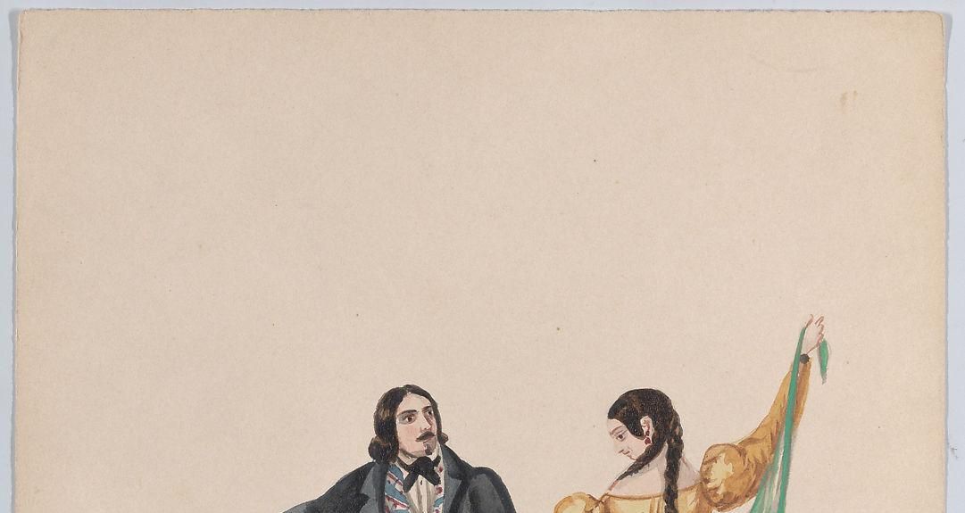A man and a woman dancing, from a group of drawings depicting Peruvian costume