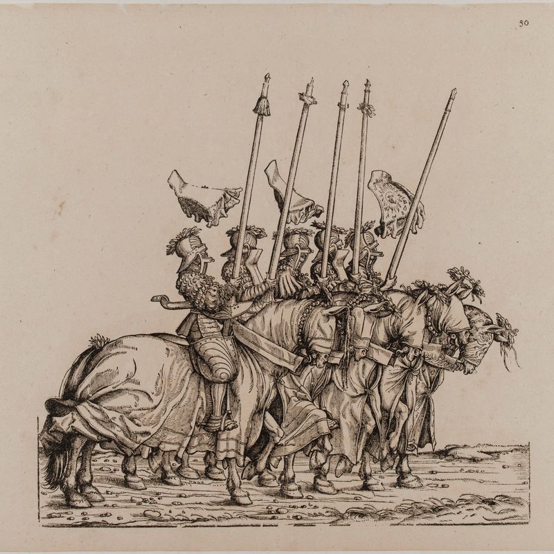 Le Triomphe de l'Empereur Maximilien Ier : Cinquantième planche, participants au Rennen (joute ou course légère) (Dornik-Eger 36, Bartsch 81)
