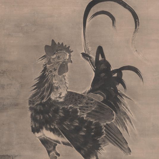 Roosters, Hen, and Chicks [left of a pair]