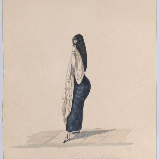 A woman wearing the saya standing in profile, from a group of drawings depicting Peruvian costume
